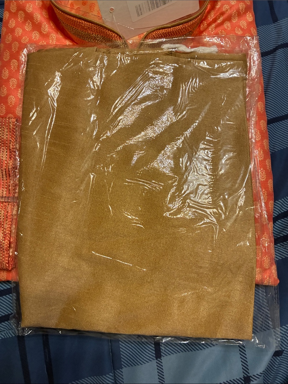 Men's Orange Traditional Kurta Pajama with Gold Motif and Brown Pant M|40 - Picture 5 of 8